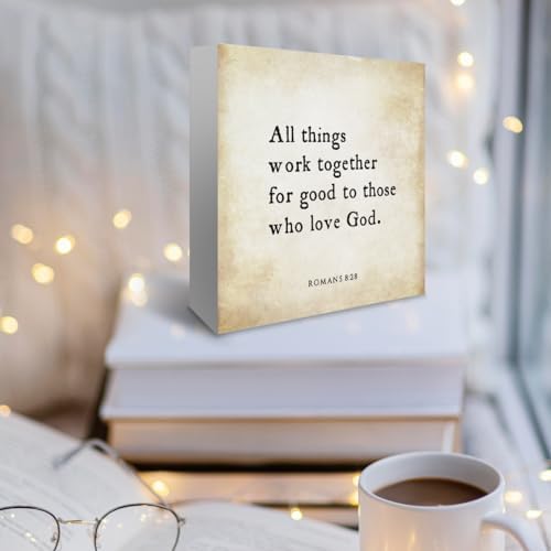 Inspirational Bible Verse All Things Work Together Wooden Box Sign Romans 8:28 Scripture Desk Decor Rustic Scripture Wood Block Plaque Box Sign for Home Office Shelf Table Decoration - Image 5