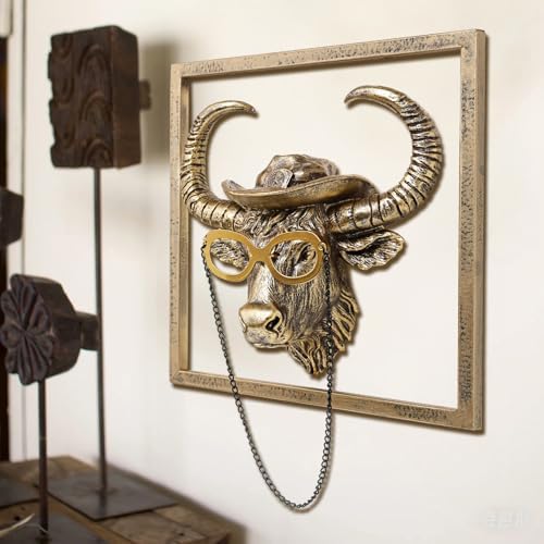 JJALIGHTS Exquisite Resin Animal Head Wall Sculpture (Gift Metal Frame) - Imitation Copper Vintage Decor for Living Room, Bedroom & Office | Decorative Wall Hanging Art (Bison) - Image 4
