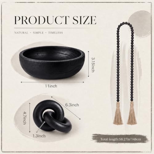 Novabright Farmhouse Wooden Bowl Set with Chain Beads, Black - Image 2