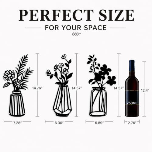 Qzmaikoo 3 Pieces Black Metal Flowers Wall Decor Vase Art Sculptures Hanging for Indoor Kitchen Bathroom Dining Room Patio, 14.56x7.48 Inches - Image 4