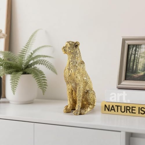 Cheetah Statue for Home Decor, 8" Resin Sitting Leopard Sculpture, Gold Desktop Decoration for Living Room, Dining Room, Office,Shelves, Tv Stand, Coffee Table or Entry Way - Image 5
