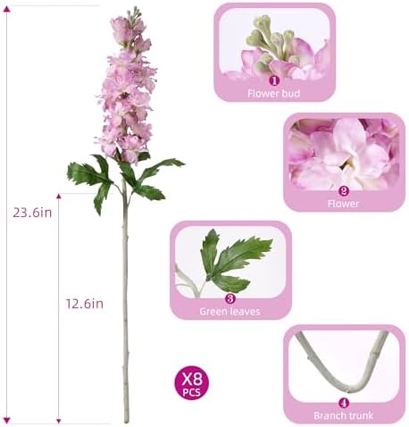 Fake Flowers 23.6” Delphinium Artificial Flowers 8Pcs Silk Flowers with Stems Long Stem Artificial Flowers for Tall Vase Faux Flowers for Indoor Home Decoration Wedding Decoration Centerpiece (Purple) - Image 2
