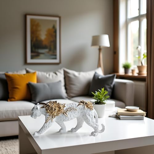 Cheetah Statue White Gold Leopard Sculpture Home Decor Leopard Sculpture Resin Handmade Sitting Suitable for Living Room Table Center Bedroom Gift for Woman Father - Image 3