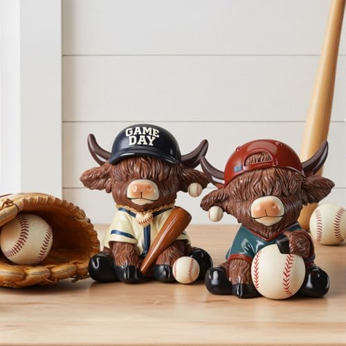 Wesiti 2 Pcs Baseball Highland Cow Figurines, Resin Statue with Bat Ball - Image 6