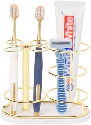 Toothbrush Holder Stand for Bathroom, Metal Toothbrush Organizer with Marble Base, Toothbrush Storage Collection for Family, Suitable for Home Hotel Countertop Vanity (Medium, Gold) by HOME
