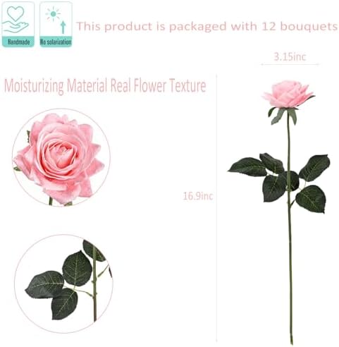 Kimura's Cabin 12pcs Real Touch Roses Artificial Flowers Lifelike Rose,Pink - Image 2