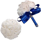 Wedding Bouquets for Bride, Bridal Flowers for Wedding, Bride Bridesmaid Hand Flowers Bridal Bouquet Crystal Diamond Silk Roses, Artificial Flowers Bouquet for Church Wedding Party (Blue) - Image 2