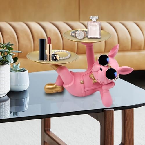 Huhote Resin French Bulldog Tray Statue, Lying Bulldog Candy Dish Key Holder Bowl, French Bulldog Accessories, Statues for Office Desk Home Decor Figurines Entryway Table Decor (Pink) - Image 5