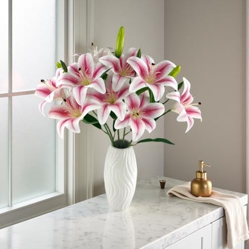 12 Artificial Lily Flowers with 9 Heads Full Bloom Lily & 3 Buds, Long Stem Artificial Stargazer Lilies, Faux Tiger Bouquets for Home Hotel Office Party Decor Table Centerpieces（Light Pink） - Image 7