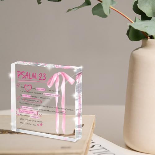 Pink Bow Room Decor, Valentines Day Decor, Inspirational Bible Verse Quotes, Christian Psalm 23 Gifts for Women, Coquette Aesthetic Bow Dorm Decoration, Acrylic Office Desk Accessories Decoration - Image 4
