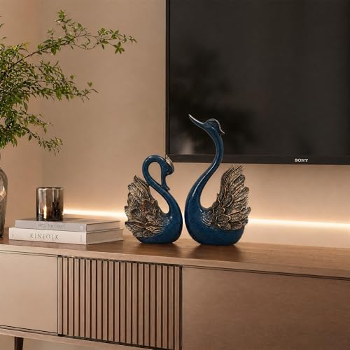 2pcs Swan Statues Couple's Home Decorations for Living Room Decor and Accessories, Sculptures Home Decor for Coffee Table, Book Shelf Decor Accents (Blue) - Image 4