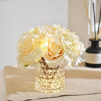 Rose Silk Flower Arrangement Artificial Vivid Rose in Glass Vase with LED Light Elegant Centerpiece for Home Wedding Bathroom Table Shelf Decoration (Champagne) - Image 3