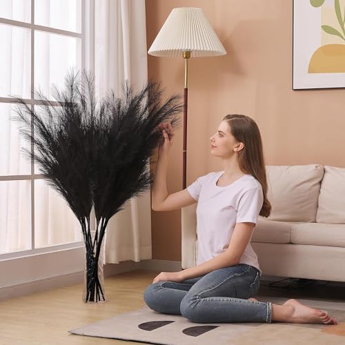 7 Pcs 45" Faux Pampas Grass – Fluffy Artificial Pompous Grass for Tall Floor Vase, Non-Shedding Home Decor, Boho Wedding Flowers, Baby Shower Centerpieces, Bedroom & Living Room Decor (Black) - Image 6