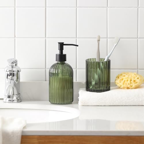 4PCs Heavy Weight Decent Glass Bathroom Accessories Set with Decorative Pressed Pattern - Includes Hand Soap Dispenser & Tumbler & Soap Dish & Toothbrush Holder (Green) - Image 3