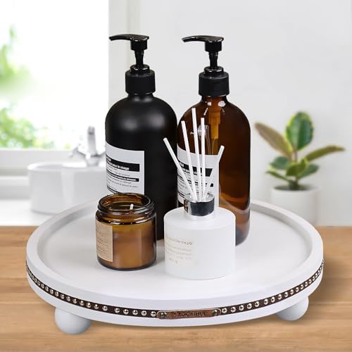 Round Wooden Decorative Tray Coffee Table Tray Home Decor 11.8" White - Image 3