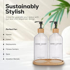 Clear Glass Soap and Lotion Dispenser Set with Tray by Brighter Barns - Hand Soap Dispenser Bathroom Set - Liquid Soap Dispenser and BPA-Free Pump - Neutral Home Decor & Modern Bathroom Accessories - Image 2