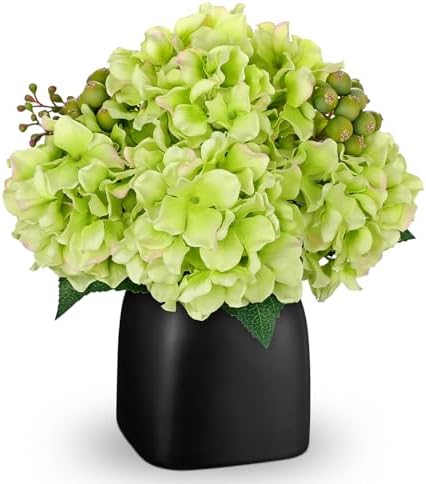 Briful Artificial Green Hydrangea Arrangement, Matte Black Vase Centerpiece by Briful