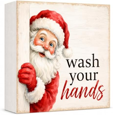 Christmas Bathroom Decor Funny Santa Wash Your Hands Wood Box Sign by GUDIO