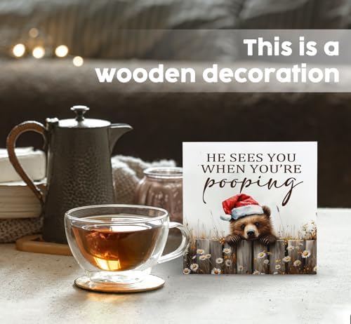 Christmas Bear Home Bathroom Decor Sign - Farmhouse Western Christmas Animal Bathroom Decor,Rustic Farm Animal He Sees You When You're Pooping Signs,Bear Gifts for Women - Image 2