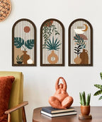 Putuo Decor Boho Wall Art, Abstract Botanical Room Decorations with Leaf & Sun Lines, Modern Minimalist Wooden Wall Decor 16x8 In Mid Century Artwork for Living Room Bedroom Office Set of 3 - Image 4