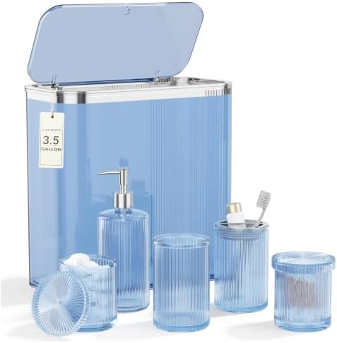 Blue Bathroom Accessories Set, 3.5 Gal Trash Can with Press-Top Lid, Glass Bathroom Set Inclued Soap Dispenser, Toothbrush Holder, Tumbler, Qtip Holders, Vintage Bathroom Sink Set Cute Bathroom Decor by BSSN