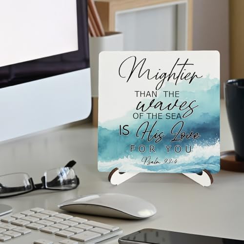 Christian Sign Wooden Decor 5"X5", Psalm 93:4 Wooden Desk Table Sign for Home Shelf Restroom Living Room, Religious Bible Verse Desk Table Gifts for Friends Woman Man (5x5 Inch) - Image 2