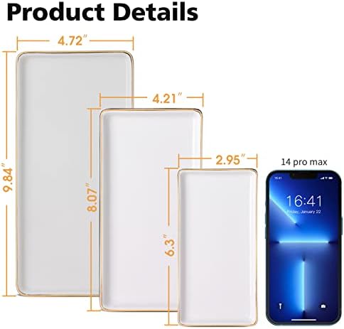 Gurygo 8" Bathroom Tray, Ceramic Vanity Trays for Bathroom, Small Ceramic Trays, Kitchen Soap Tray for Kitchen Counter (White with Gold-Edged, 8",Set/1) - Image 3