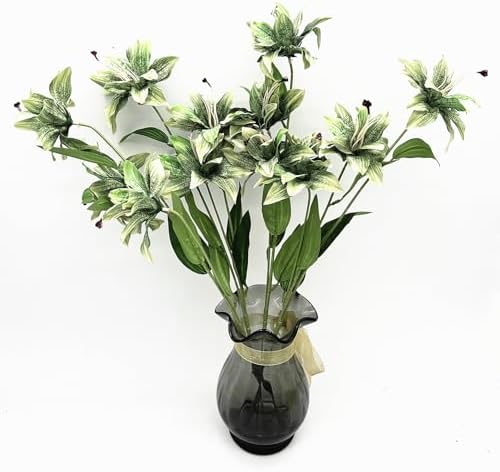 Artificial Silk Flowers Fake Lily Flower Long Stems Stargazer Lilies 4 Pack, Faux Tiger Bouquets with Full Bloom Floral Real Touch Plants for Home Kitchen Decor Wedding Party Hotel Decoration - Green - Image 2