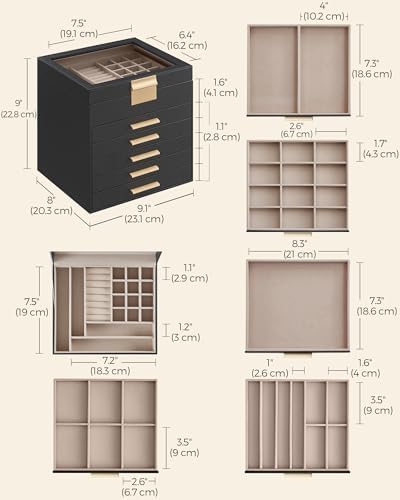 SONGMICS Jewelry Box Organizer, 6-Layer Storage with 5 Drawers, Glass Lid - Image 5