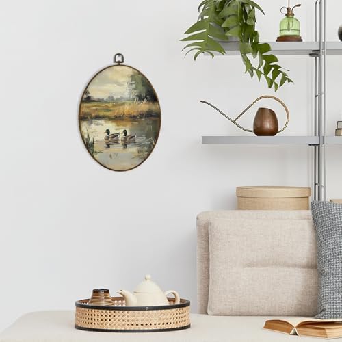 dvhdajed Vintage Mallard Duck Oval Wall Art Decor, Rustic Farmhouse Ducks Framed Canvas Art, Rustic Cottagecore Mallard Duck Oval Wall Hanging Decor for Nursery Bedroom Living Room, 8.7x11.3 Inch - Image 2