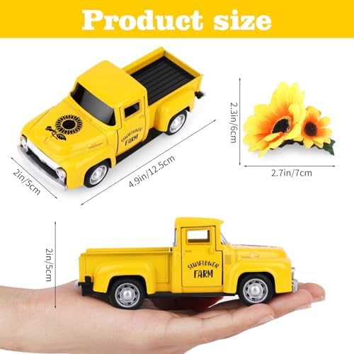 Sunflower Vintage Metal Truck Mini Metal Farm Truck Decor with Sunflower Bouquet Farmhouse Rustic Pickup Tiered Tray Decor for Home Kitchen Shelf Table Decor Yellow - Image 2