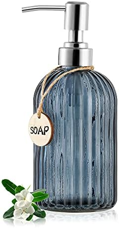 MOCLIF 16 OZ Soap Dispenser，Tempered Glass Clear Vertical Stripe with 304 Rust Proof Stainless Steel Pump Refillable Liquid Hand Soap Dispenser，for Bathroom, Kitchen, Dish Soap，Lotion (Blue Grey) by MOCLIF