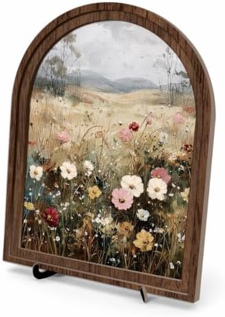 Rustic Farmhouse Tabletop Decor Sign, Arched Wooden Frame with Stand, Soft Wildflower Meadow Art for Living Room Dining Room Bedroom, Warm Gift for Friends by Unknown