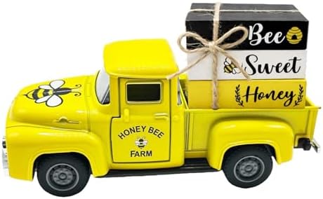 5.7in Bee Truck Decor with Sweet Honey Blocks, Yellow Metal Pickup by YIPRONS