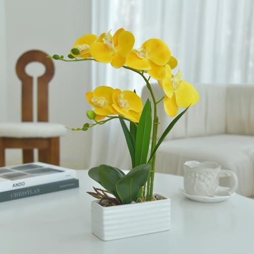 Artificial Real Touch Orchid Flowers with White Ceramic Vase, Yellow - Image 5