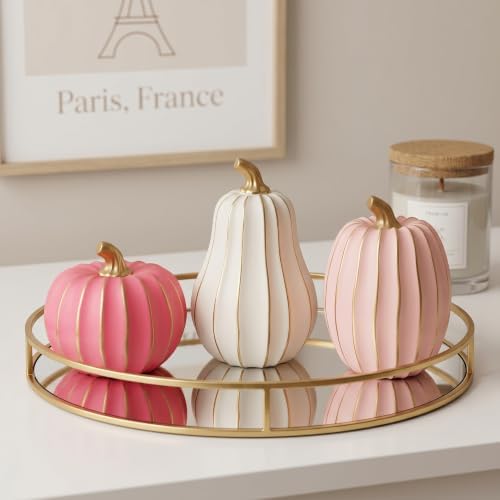 White Pink and Gold Pumpkin Decor, 3Pcs Resin Pumpkin Figurines Fall Decor - Image 3