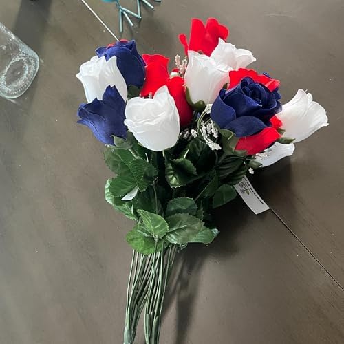 Admired By Nature 14 Stems Artificial Flower Rosebuds Patriotic Memorial Bouquet Cemetery Decorations for Grave, Spring Faux Flower Arrangement, Memorial Day, Veterans Independence Day, Red White Blue - Image 6