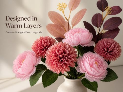 Pink Silk Artificial Flower Arrangement with Vase, Mums Peony Eucalyptus - Image 4