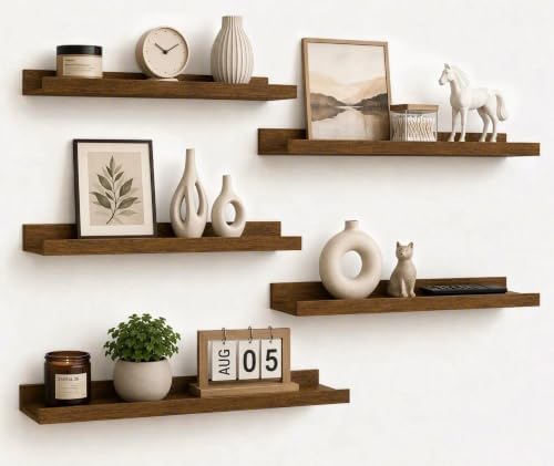 24inch Long Floating Shelves for Wall Decor, 5-Set Shelves with Lip, Brown by RicherHouse