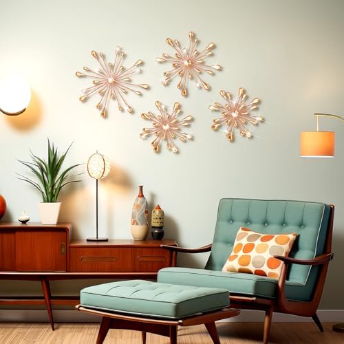 Hicarer 4 Pcs Starburst Wall Decor, Bling Metal Wall Art, Orange - Image 4