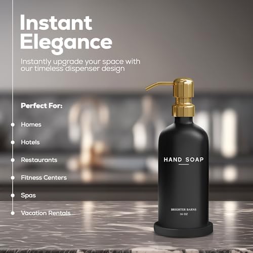 Luxury Glass Hand Soap Dispenser Bathroom Set by Brighter Barns - Refillable Glass Bottle Set - Hand Soap Dispenser for Black and Gold Bathroom Decor, Vacation Rental, Office, Spa, Hotel (Black/Gold) - Image 2