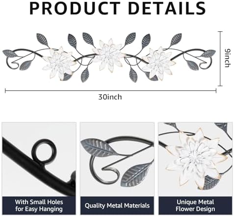 KHJCXS Metal Wall Art Modern Minimalist Metal Flowers Indoor Decor Horizontal Wall Art Iron Artwork,for Over Door,Bedroom,Living Room,Kitchen,Office Scroll Decor (White3) - Image 3