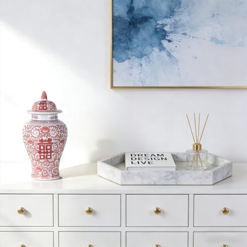 11″ Red & White Ginger Jar with Lid Chinoiserie Double Happiness - Image 3