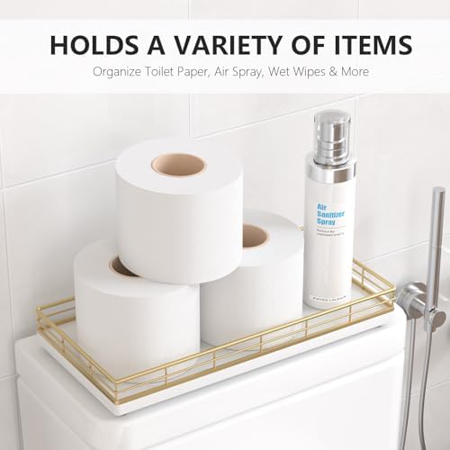 Toilet Paper Basket Organizer, Oak Wood Toilet Tank Tray with Metal Frame - Image 2
