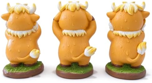 3 Pcs Highland Cow Figurines Resin Statues Cattle Decorations - Hear See Speak No Evil, Accent Farmhouse Tabletop Centerpiece for Christmas Thanksgiving Birthday Gift Home Shelf Mantel Table Decor - Image 6