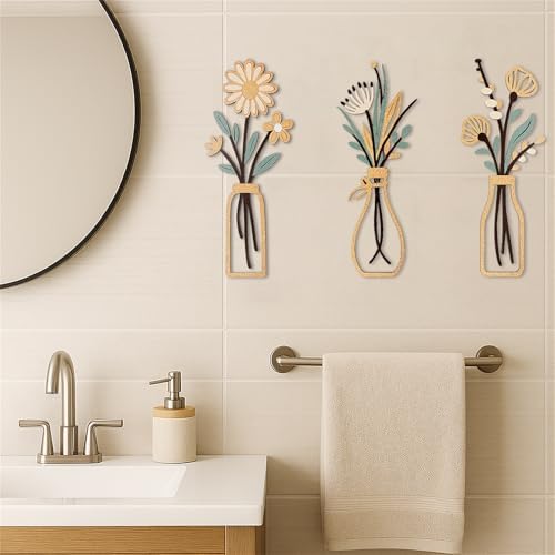 puthiac Wooden Floral Vase Wall Art Set of 3, Rustic Boho Farmhouse Decor - Image 6