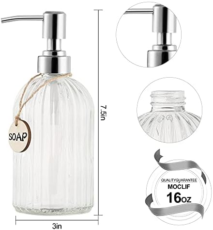 MOCLIF 16 OZ Soap Dispenser，Tempered Glass Clear Vertical Stripe with 304 Rust Proof Stainless Steel Pump Refillable Liquid Hand Soap Dispenser，for Bathroom, Kitchen, Dish Soap，Lotion (Clear) - Image 2