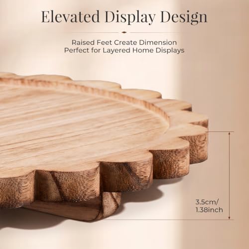 12 Inch Round Decorative Tray, Natural Paulownia Wood Scalloped Riser Tray - Image 4