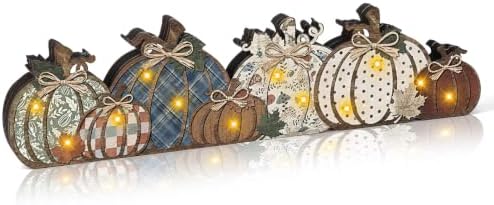 RattanView Lighted Fall Pumpkin Table Decorations Wooden Autumn Centerpiece by RattanView