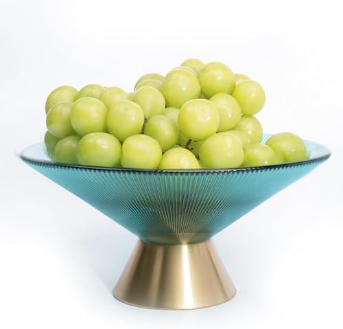 Tapered Glass Decorative Bowl (Blue), 9.8 Inches Handblown Striped Design Glass Bowl with Rust Resistant Metal Base,Decorative Fruit Bowl for Home Decor,Table Centerpiece,Kitchen Island,Dining Decor - Image 5